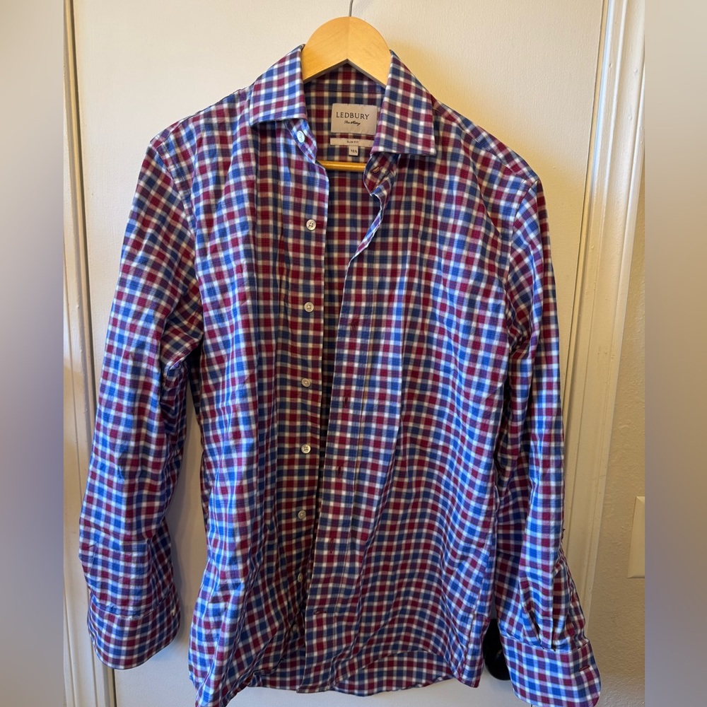 Ledbury Men’s Dress Shirt Blue Red Plaid 15 1/2 Pearl Buttons